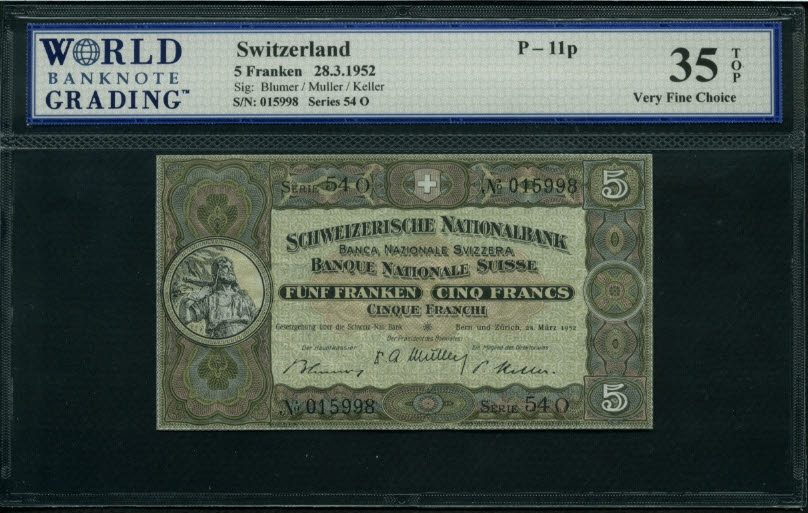 Switzerland $5 Franken 2.28.1952 World Notes Front