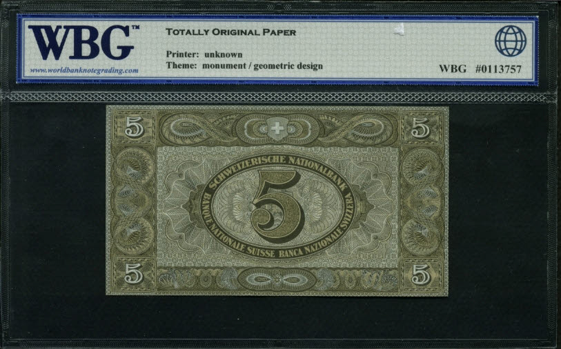 Switzerland $5 Franken 2.28.1952 World Notes Back