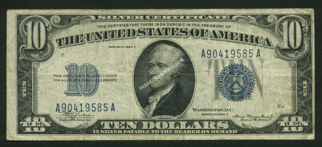 FR 1702 1934A $10 Silver Certificates Front