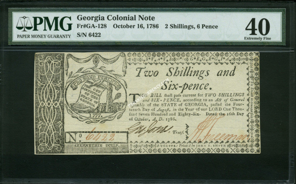 Georgia 2 Shillings, 6 Pence October 16, 1786 Colonial Front