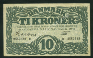 Denmark $10 Kroner 1945 World Notes Front