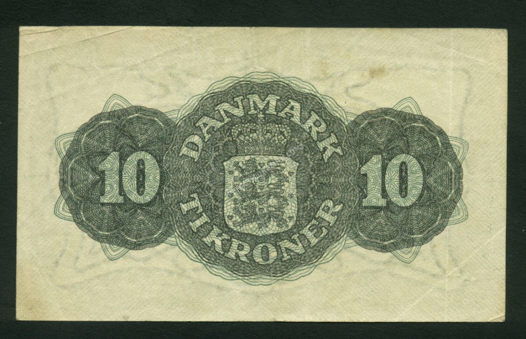 Denmark $10 Kroner 1945 World Notes Back