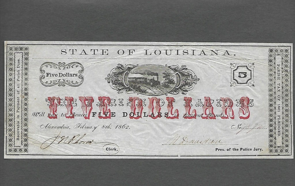 Alexandria Louisiana $5 2/8/1862 Obsolete Front