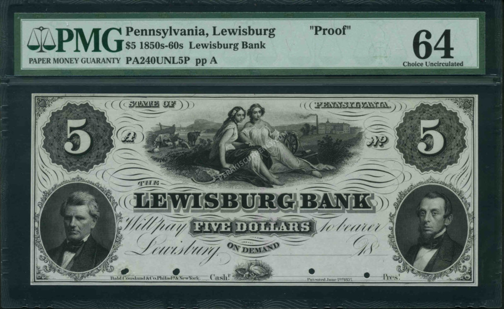 Lewisburg Pennsylvania $5 1850s-60s Obsolete Front