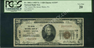 1802-1 Jersey Shore, Pennsylvania $20 1929 Nationals Front