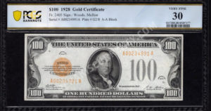 FR 2405 1928 $100 Gold Certificate Front