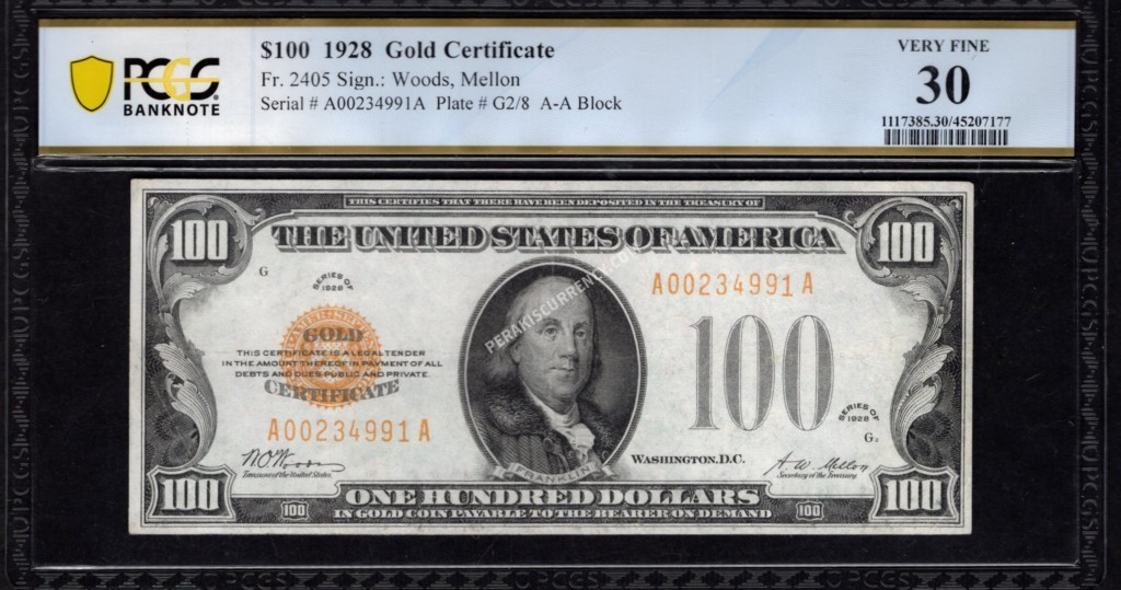 FR 2405 1928 $100 Gold Certificate Front