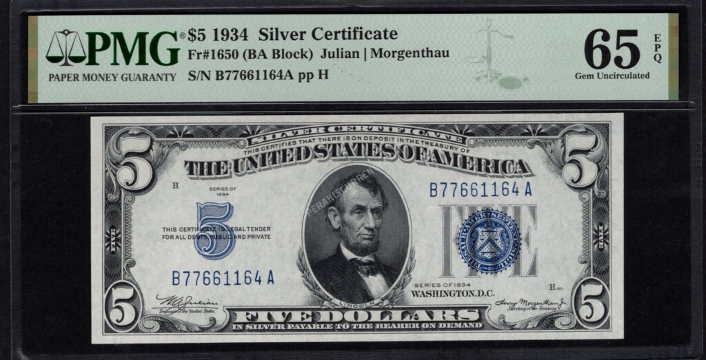 FR 1650 1934 $5 Silver Certificates Front