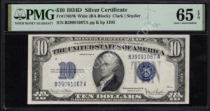 FR 1705W 1934D $10 Silver Certificates Front