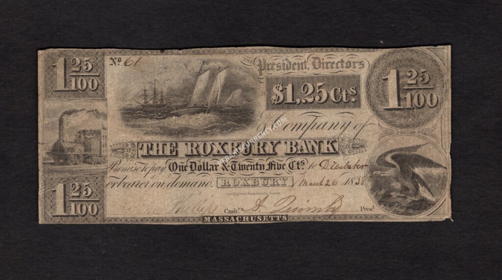 Roxbury Massachusetts $1.25 1858 Obsolete Front