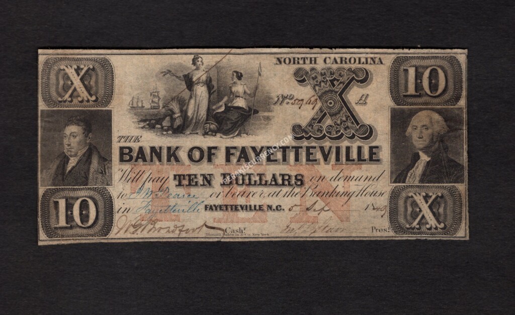 Fayetteville North Carolina $10 1849 Obsolete Front