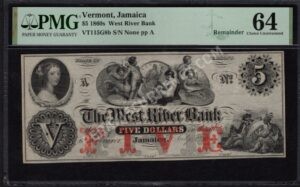 Jamaica Vermont $5 1860s Obsolete Front