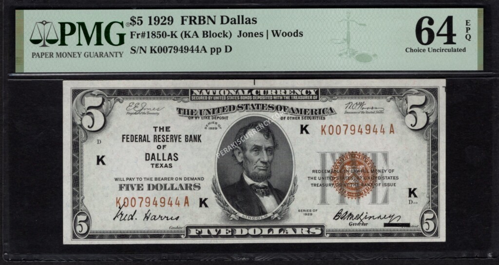 FR 1850-K 1929 $5 FRBN Front