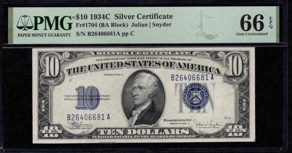 FR 1704 1934C $10 Silver Certificates Front