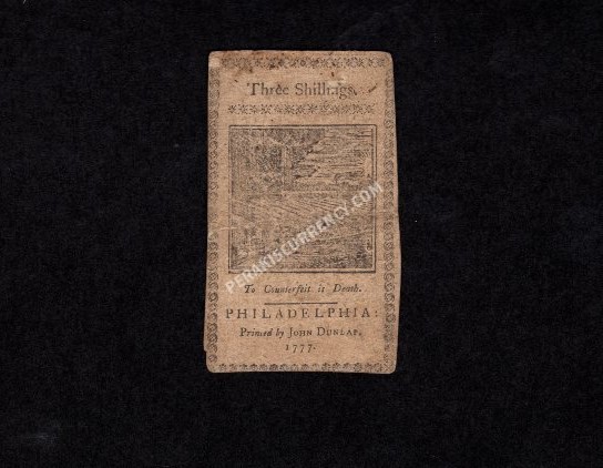 Pennsylvania 3 Shillings 8/10/1777 Colonial Back