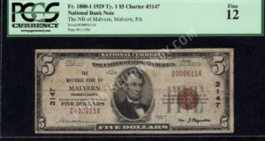 1800-1 Malvern, Pennsylvania $5 1929 Nationals Front
