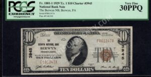 1801-1 Berwyn, Pennsylvania $10 1929 Nationals Front