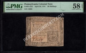 Pennsylvania 30 Shillings 4/20/1781 Colonial Front