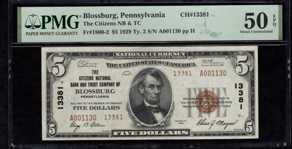 Blossburg Pennsylvania Charter 13381 $5 1929II - Perakis Currency