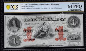 Watertown Wisconsin $1 1863 Obsolete Front