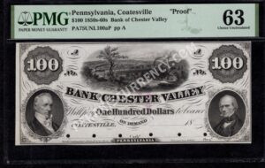 Coatesville Pennsylvania $100 1850s-60s Obsolete Front