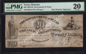 Houston Texas $20 1838-39 Obsolete Front